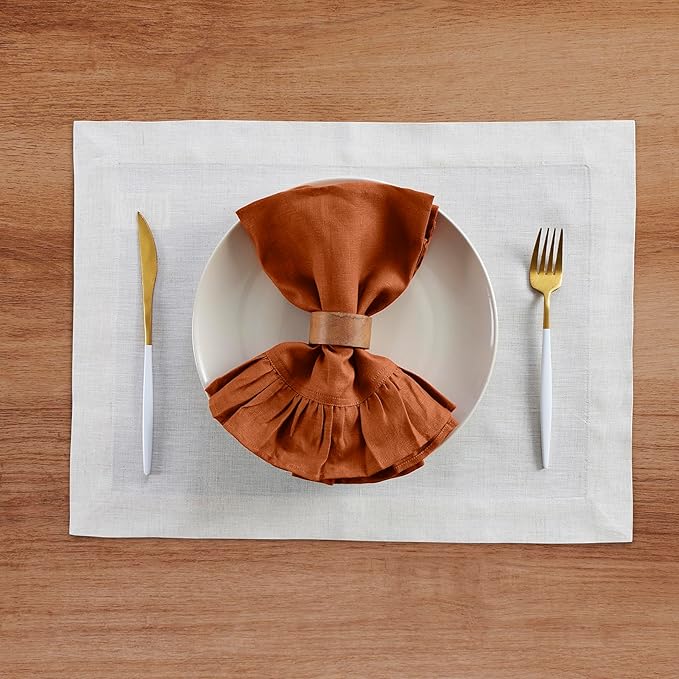 Solino Home Linen Ruffle Napkins Set of 4-100% Pure Linen Cinnamon Dinner Napkins Cloth 20 x 20 Inch - Gabrielle Ruffle, Handcrafted and Machine Washable