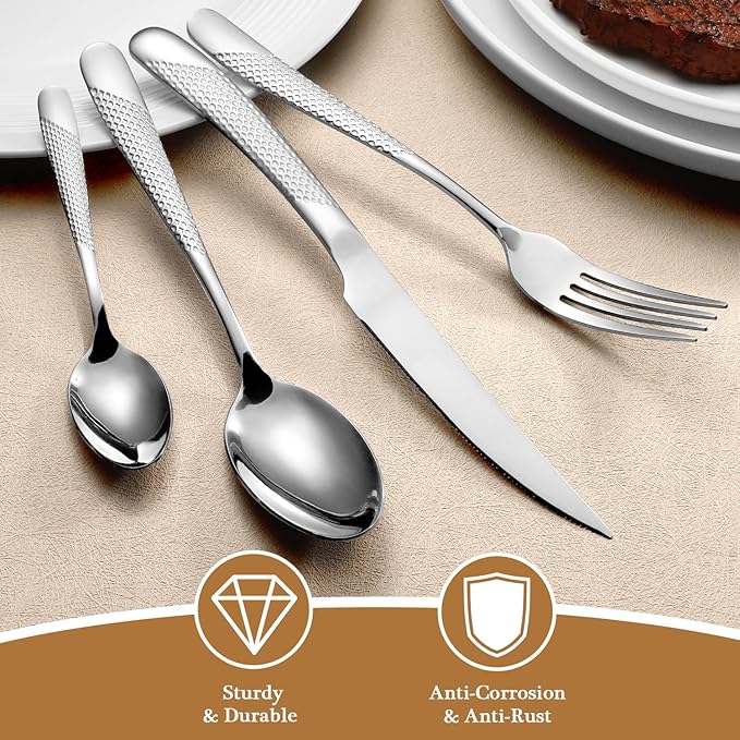 16 Piece Hammered Silverware Set for 4, Premium Food-grade Stainless Steel Flatware Set, Modern Design & Mirror Polished Cutlery Set, Eating Utensil Set Include Fork Knife Spoon Set, Dishwasher Safe