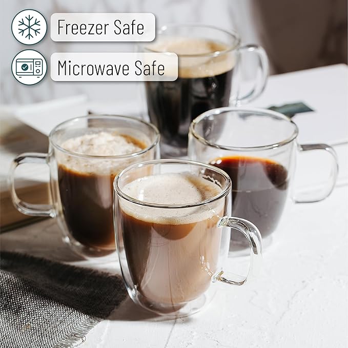 BTaT- Double Walled Glass Coffee Cups, 6 Pack, 12 oz, Espresso Cappuccino Latte Tea Cups with Handle, Microwave Safe Clear Glasses for Hot and Cold Drinks