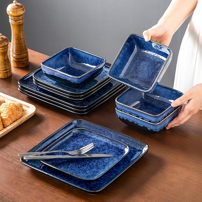 vancasso Stern Blue Dinnerware Set Square Tableware 16 Pieces Kitchen Dinnerware Stoneware Crockery Set with Dinner Plate, Dessert Plate, Bowl and Soup Plate Service for 4