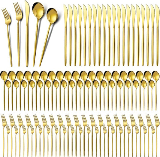 Meanplan 200 Pcs Gold Silverware Set Stainless Steel Flatware Set Cutlery with Knives Spoons and Forks Portable Reusable Gold Utensils Kit for Home Restaurant Apartment and Kitchen, Service for 40