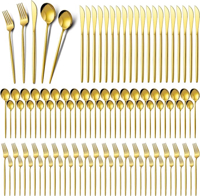 Amyhill 400 Pcs Gold Stainless Steel Utensils Set Party Tableware Flatware Set for 80 Guests Reusable Dinner Cutlery Utensils Tableware for Wedding Anniversary Party Home Restaurant