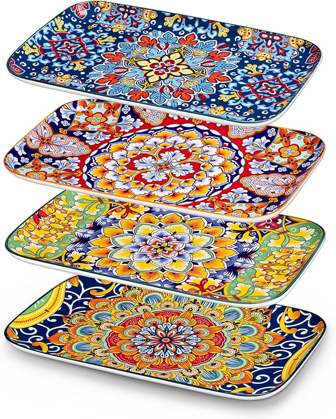 vancasso Serving Platters Set of 4, 12" x 7.4" Inch Rectangular Trays - Large Serving Dishes for Entertaining Food, Bohemian Ceramic Serving Trays for Party, Microwave & Dishwasher Safe, Vintage