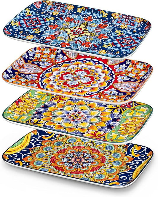 vancasso Serving Platters Set of 4, 12" x 7.4" Inch Rectangular Trays - Large Serving Dishes for Entertaining Food, Bohemian Ceramic Serving Trays for Party, Microwave & Dishwasher Safe, Vintage