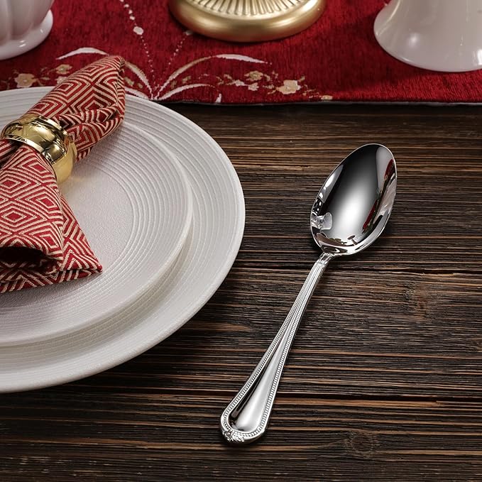 KEAWELL Pearl Edge Premium Serving Spoon Set, 18/10 Stainless Steel, 9" Fine Hostess Utensils with Refined Bead Design, Brightly Polished, Dishwasher Safe (2 Serving Spoons)