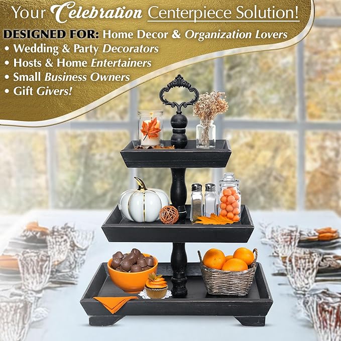 3 Tier Serving Tray [3 in 1] - Gorgeous Coffee Table Tray [Includes 3 Changeable Handles] - Can Assemble into a 1, 2 or 3 Tier Decor - Kitchen Table Centerpiece - Rectangle Wooden Serving Stand