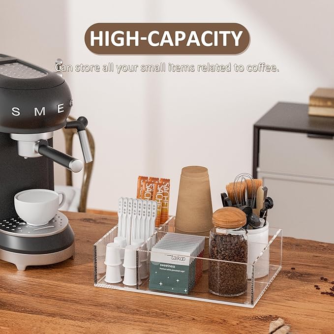 Clear Coffee Station Accessories Organizer, Countertop Acrylic Coffee Bar Tray for Coffee, Tea Bags, Condiments, Cups, Jars