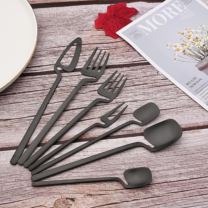 JASHII 28-Piece Silverware Set, 304 Stainless Steel Flatware Cutlery Set Service for 4, Metal Eating Utensil Set, Including Fruit Fork and Ice scoop, Hangable & Matte - Dishwasher Safe - Black