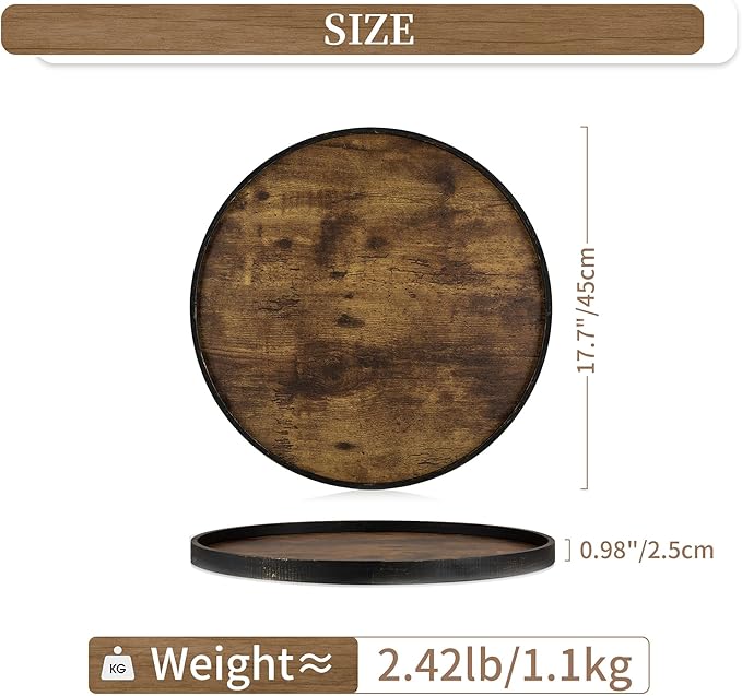 Hanobe Decorative Coffee Table Tray: Brown Wood Tray Round Rustic Wooden Trays Circle Farmhouse Centerpiece Candle Holder for Home Decor Ottoman Counter Display Living Room Organizer 18"