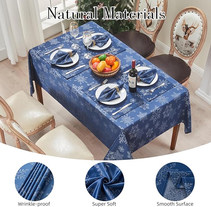 Rectangle Fancy Metallic Sparkling Snowflake Christmas Fabric Table Cloth red Hunter Gold Navy White Silver No-Iron Soil Resistant Woven Holiday Table Cover(Navy Silver/60x120Inch)