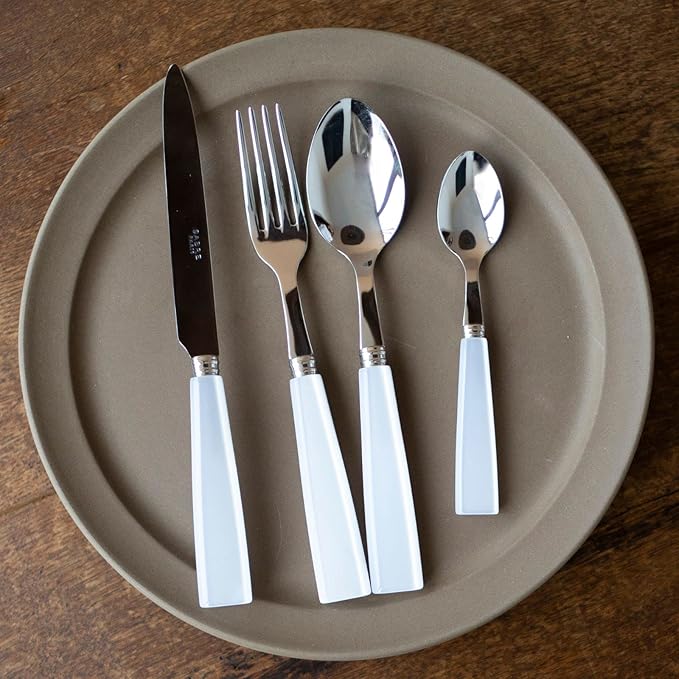 SABRE PARIS - 5-Piece Flatware Set - Icône Collection - Knife, Fork, Soup Spoon, Teaspoon & Dessert Fork - Stainless Steel & Acrylic - Dishwasher Safe - White