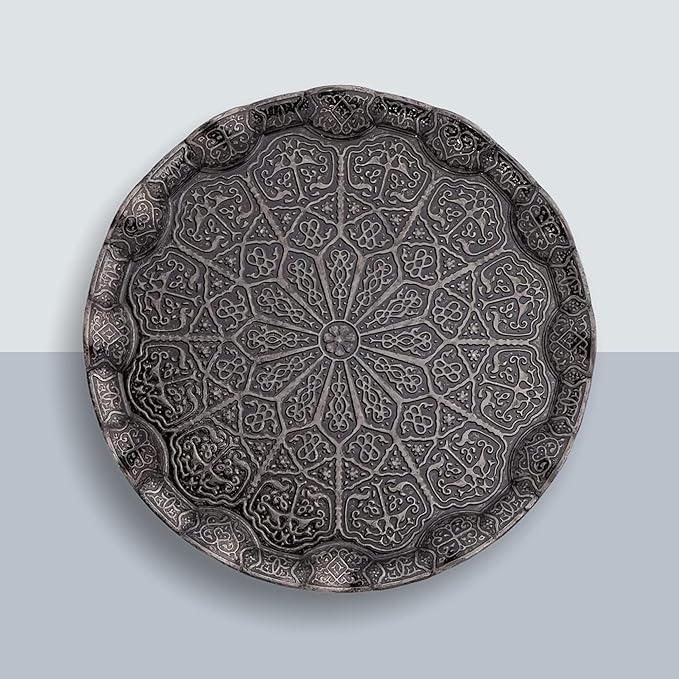 Alisveristime Turkish Ottoman Coffee Tea Serving Tray – 13.60 inches, Metal with Traditional Motifs, Available in Five Colors (Black)
