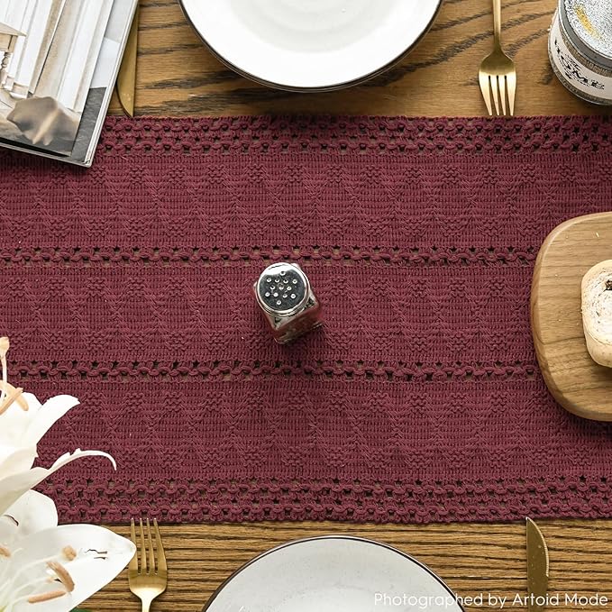 Artoid Mode Red Farmhouse Woven Rustic Hollow Table Runner, Seasonal Holiday Hollow Kitchen Dining Table Decoration for Home Party Decor 12x72 Inch