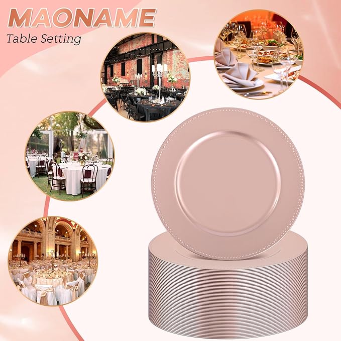 36 Pcs Rose Gold Charger Plates Round Charger Plates13 Inch Bulk Wedding Dinner Elegant Reusable Plastic Chargers Plates Wedding Holiday Party Baby Shower Event Decoration (Rose Gold)