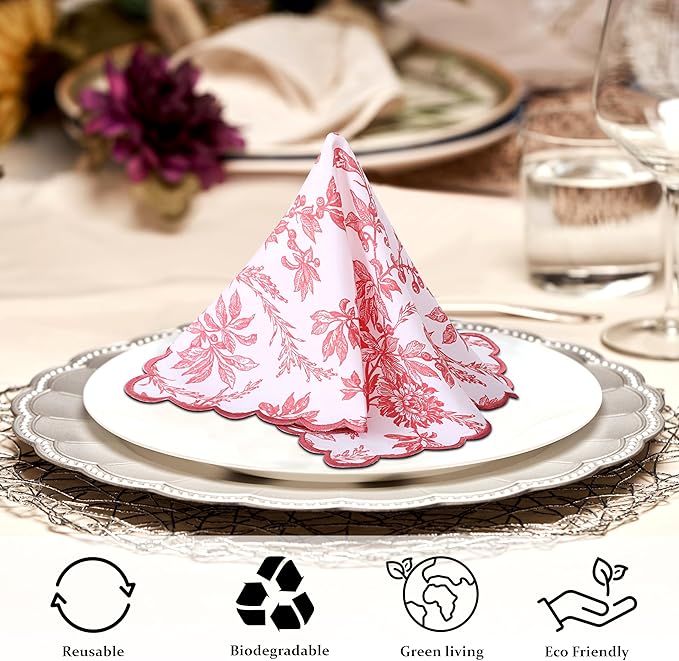 Ridhi Hand Block Print Peach Coral 18" x 18" (Set of 4) Embriodery Table Napkins Reusable Cotton Dinner Napkins for Weddings, Parties, Everyday Dining Gift for Spring, Easter, Valentine