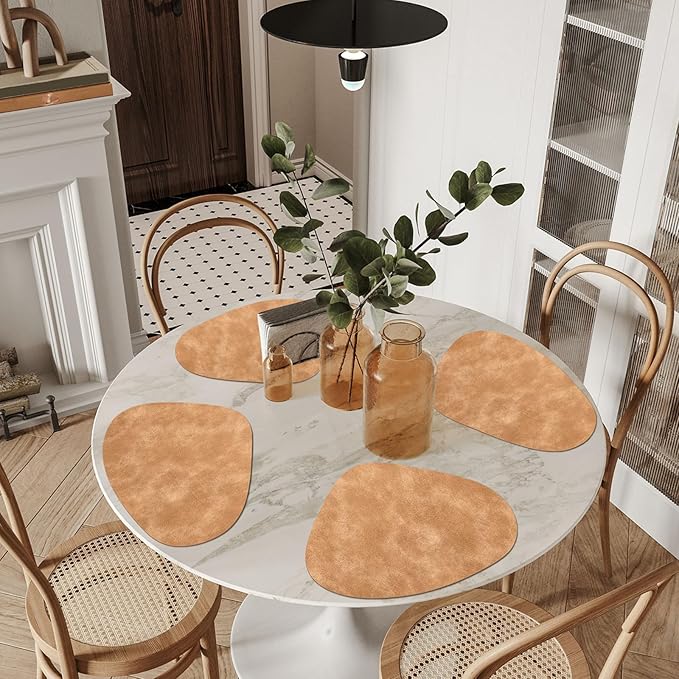 ADRIMER Placemats, Heat Resistant Round Placemats Set of 12 Washable 13 x 17 Inch, Waterproof Table Mats Wipeable for Kitchen, Dining Room Table Christmas Decor, Camel