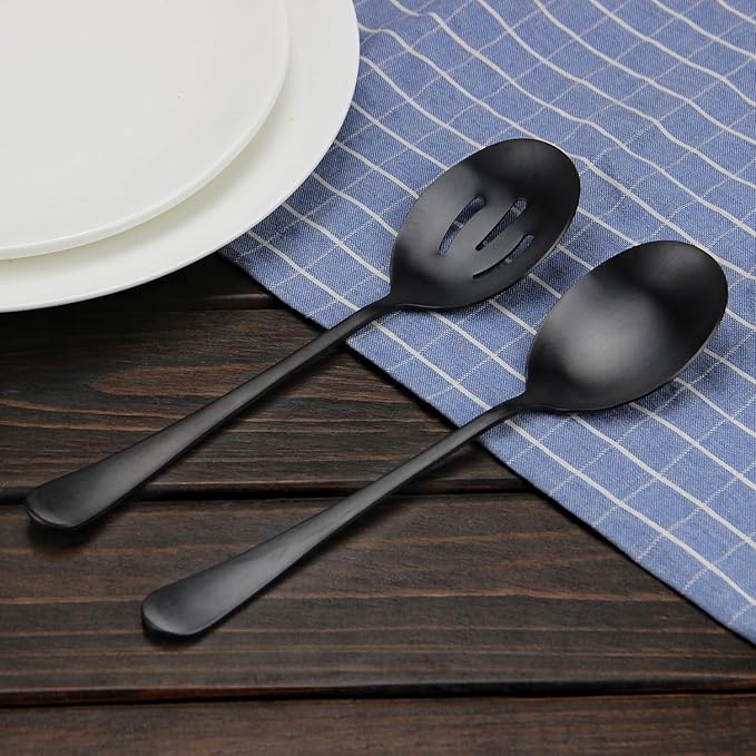 AOOSY 8.7 Inch Matte Black Stainless Steel Serving Spoon Set, Serving Spoons x 1, Slotted Spoons x 1 Utility Advanced Buffet Utensils
