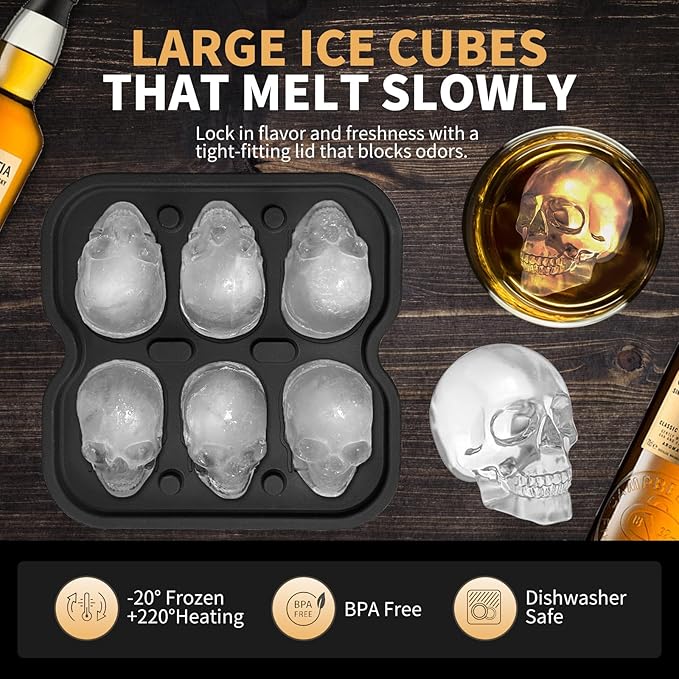 Skull Ice Cube Mold,JLMIH 6-Cavity Silicone Skull Ice Tray Fun Shapes for Halloween& Party Drinks,Whiskey, Cocktail, Bar,Easy Release & Dishwasher Safe