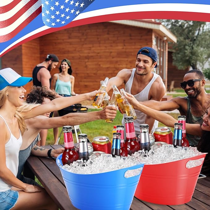 Norme 24 Pcs Oval Storage Tub with Handles 4.5L Plastic Ice Bucket, Wine, Beer, Champagne Drink Cooler for Parties, Beverage Storage Basket(Blue & Red)