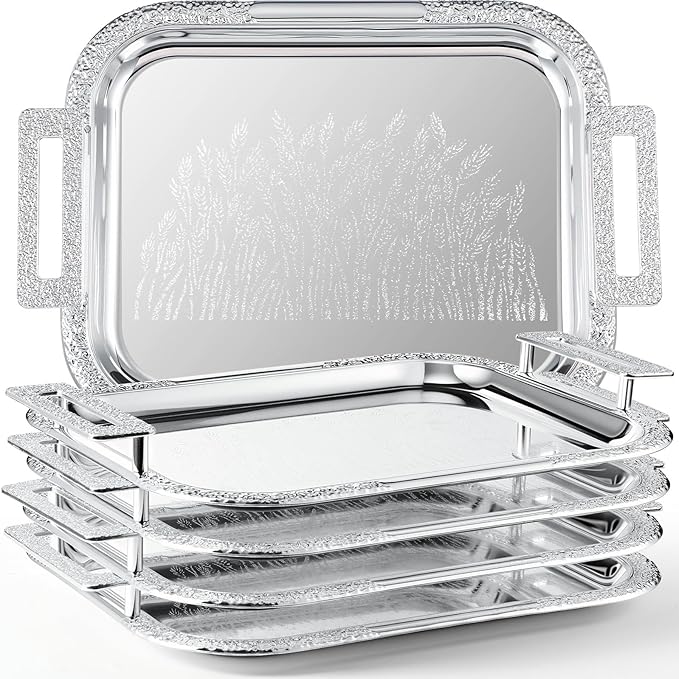 4 Pcs Silver Serving Tray with Handles Elegant Victoria Floral Engraved Metal Platters Large Decorative Trays for Buffet,Wedding Party, Jewelry Display, Service (Modern,Sliver)