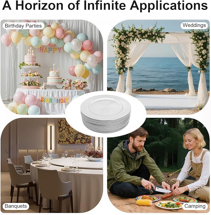 50Pcs Round Chargers Plates Bulk Plastic Charger Serving Plates for Dinner Wedding Chargers Plate for Tabletop Decor,13in(50pcs-Silver)