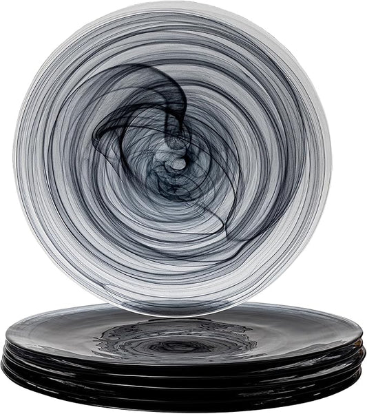 Vikko Dinner Plates, Set of 6 Black Alabaster Plates, 11" Plate with Marbelized, Swirl Design, Elegant Glass Plate, Dishwasher Safe