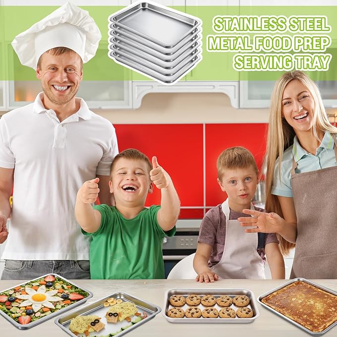 6 Pcs 8.6 x 6.4 Inch Baking Sheets Stainless Steel Baking Pan Tray Cookie Sheet Rectangle Mirror Finish and Rust Free Easy Clean and Dishwasher Safe Bakeware Oven Tray for Roasting (Silver)