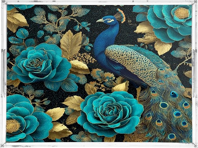 Serving Tray with Handles Clear Acrylic Tray 12x16 Inch Decorative Rectangular Tray Organizer for Ottoman Coffee Table Bathroom Vintage Peacock and Roses