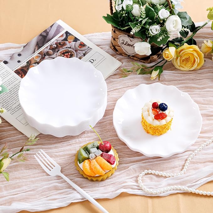LIYH 20 Pcs 7.5 Inch White Dessert Scalloped Plastic Plates Reusable - Unbreakable Plastic Cake Plates for Weddings Party Outdoor Picnics Dishwasher Safe BPA Free Valentine's & Mother's Day