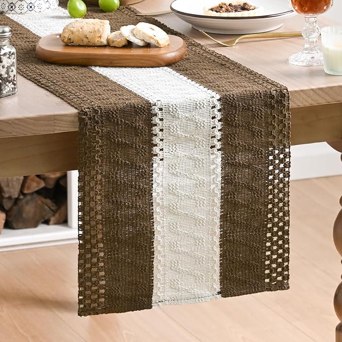 Artoid Mode Light Coffee Farmhouse Rustic Table Runner, Seasonal Hollow Kitchen Dining Table Decoration for Home Party Decor 12x36 Inch