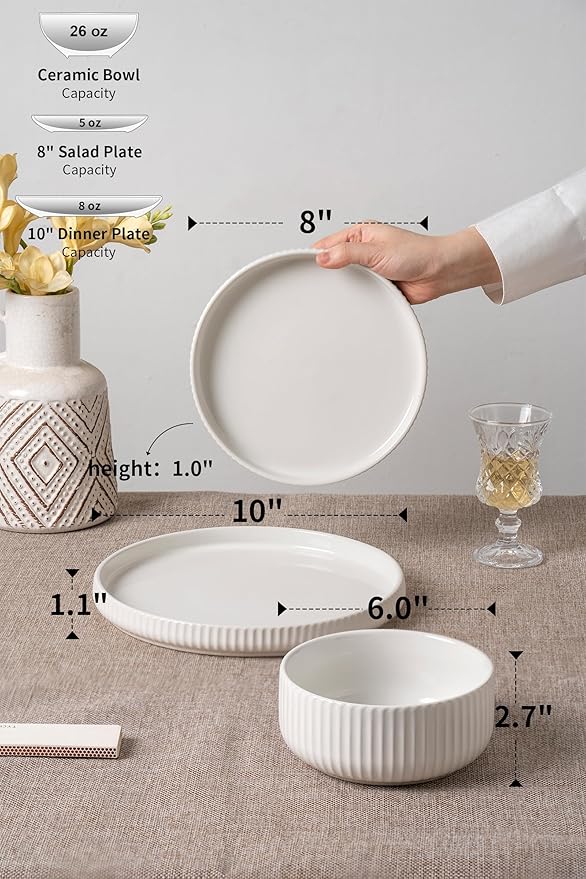 Dinnerware Sets for 4,Microwave Safe Plates and Bowls Sets,12 Piece Dylan Dish Set,Reactive Glaze Stoneware Dinnerware Set (Gloss Reactive Snow White, Service for 4 (12pcs))
