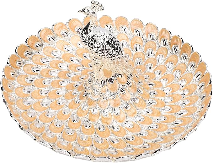 Zerodis Decorative Peacock Serving Tray, Zinc Alloy Fruit Platter, Elegant Storage Centerpiece for Home Kitchen Table, Snacks Cookies Display (Silver Orange)