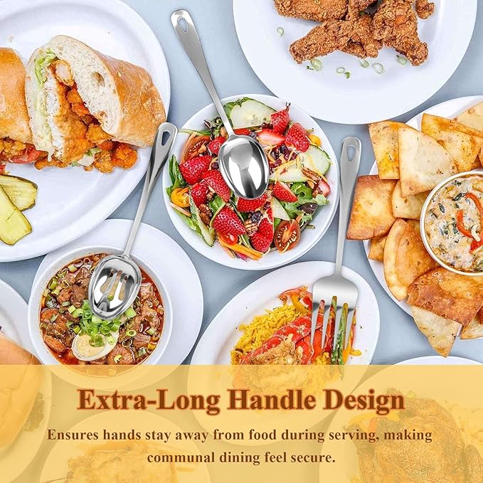 6 Pcs Serving Utensils Set, 11 Inch Silver Serving Utensil with 2xServing Spoons, 2xSlotted Spoons, 2xServing Forks, Stainless Steel Utensil Set for Party Banquet Catering Buffet