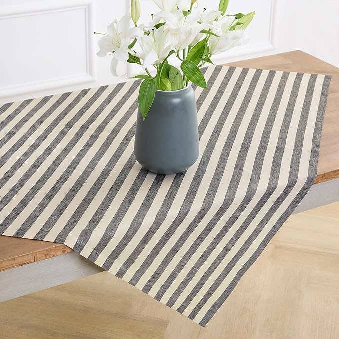 Solino Home Linen Square Tablecloth 52 x 52 Inch - Sorrento Stripe, 100% Pure Linen Black and Natural Table Throw - Machine Washable Tablecloth