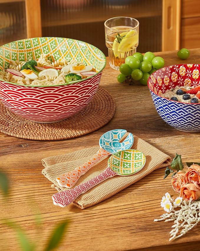 Ceramic Salad Servers, 9" Salad Spoon and Fork Set, Salad Tongs for Mixing, Tossing, Cooking and Stirring, Dishwasher & Microwave Safe, Set of 2, Orange & Red