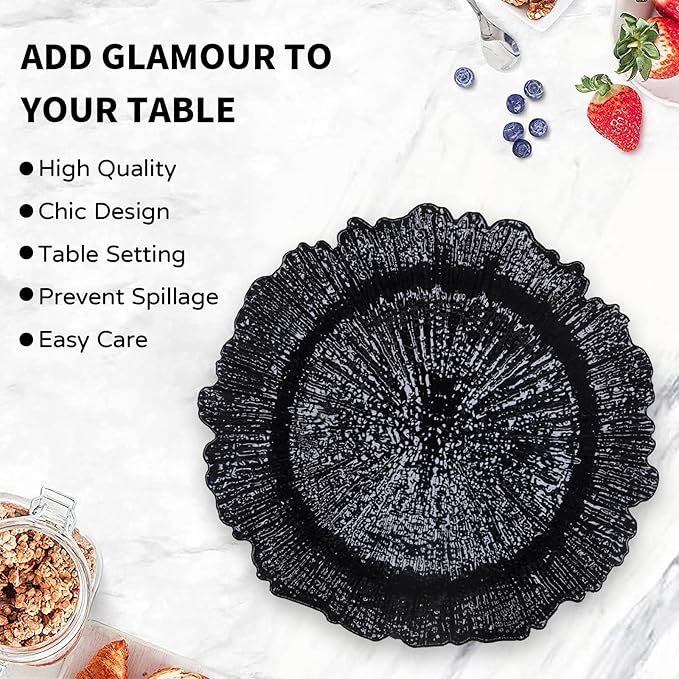 MAONAME Black Charger Plates, Reef Plates Charger for Dinner Plate,13-inch Plastic Chargers for Wedding Decor, Thanksgiving, Christmas, Set of 6