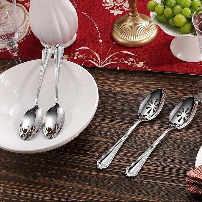 KEAWELL Pearl Edge Premium Serving Spoon Set, 18/10 Stainless Steel, 9" Fine Hostess Utensils with Refined Bead Design, Brightly Polished, Dishwasher Safe (2 Serving Spoons)