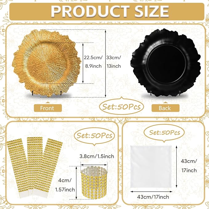 PROY 150 Pcs Charger Plates Set Bulk, 50 Pcs 13'' Gold Reef Charger Plates 50 Napkin Ring 50 Cloth Napkins Plastic Gold Chargers Set For Dinner Wedding Party Decoration