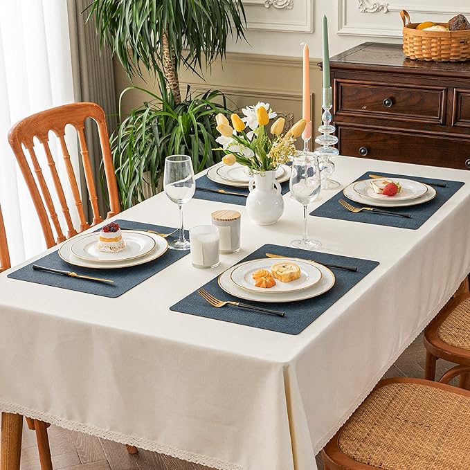 Romanstile Vinyl Placemats Set of 4-12 X 17 Inch - Faux Leather 100% Waterproof Oil-Proof Wipeable Place Mats, Heat Resistant Reversible PU Table Mats for Kitchen Dining Party Outdoor, Navy Blue
