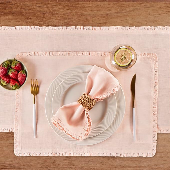 Solino Home Peach Cloud Linen Placemats 14 x 19 Inch - 100% Pure Linen Juliette Ruffle Placemats Set of 4 - Handcrafted and Machine Washable Table Mats