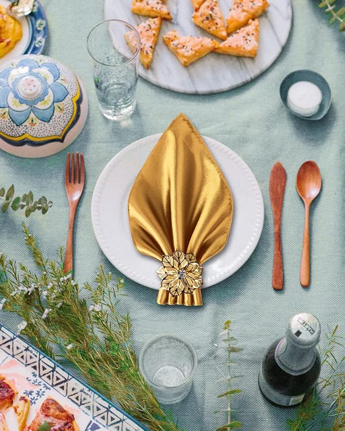 CROWN GUIDE 12 Pack Gold Napkin Rings and Cloth Napkins Set of 6, 17x17 Satin Cocktail Napkins Bulk Table Napkins Holder for Wedding Reception Personalized Napkins Bridal Shower for Party Decorative