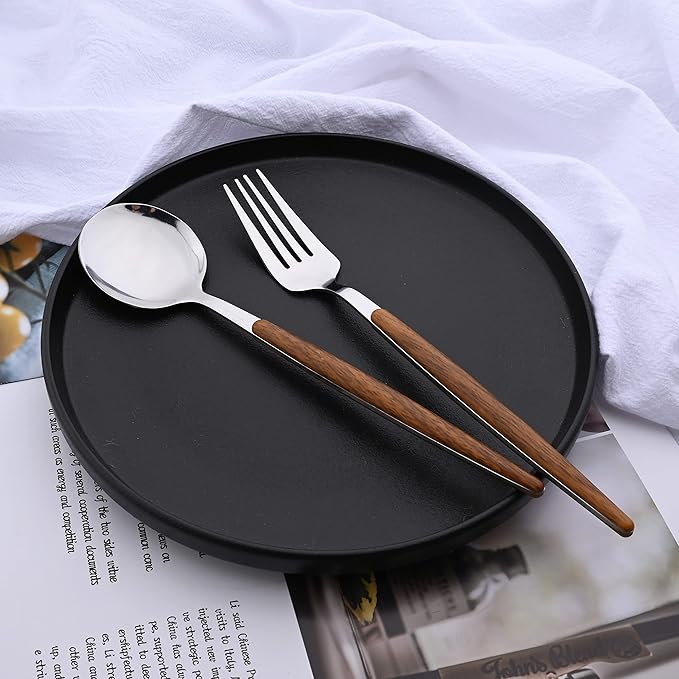 24-Piece Silverware Set for 6, Silver Mirror Polished Stainless Steel Flatware Set, Wooden Effect Handle Utensil Set for Home Hotel Restaurant, Family Cutlery Set Include Knife Fork Spoon