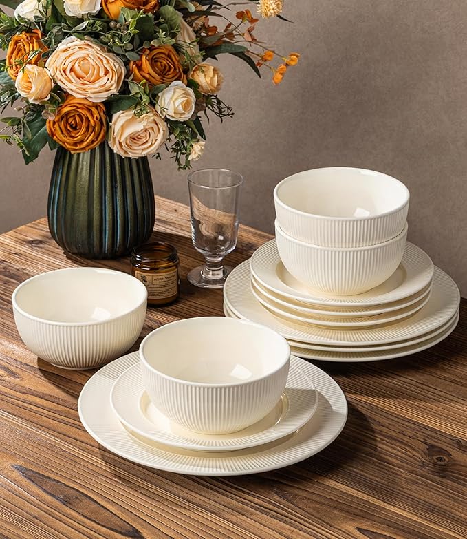 TheTerra Stoneware Dinnerware Sets for 4, 12 Pieces Ceramic Plates and Bowls Sets, Scratch Resistant Embossed Dish Set, Oven, Microwave & Dishwasher Safe, Beige