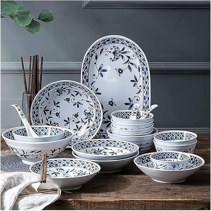 Dinnerware Set Dinner Party Tableware Service Set Ceramics Dinner Sets, Blue and White Porcelain Dinnerware Set of 45 | Simplicity Cereal Bowl and Steak Plate Set for Family Dinner