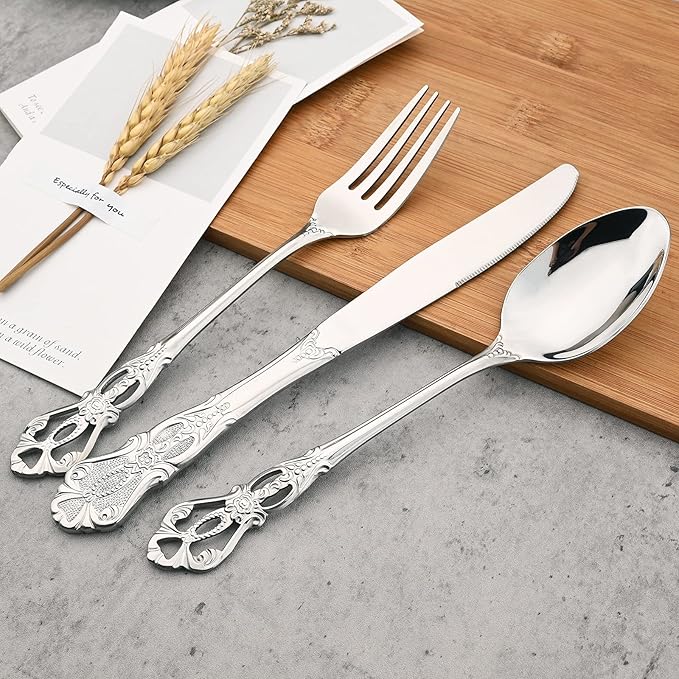 8-Piece Luxury Royal Silverware Set, 18/10 Stainless Steel Silver Flatware Set Service for 2, Tableware Cutlery Set Includes Forks Spoons Knives, Modern Design & Mirror Polished Dishwasher Safe