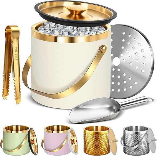 Ice Bucket, Ice Bucket with Silicone Sealing Ring Double-Wall Vacuum Insulation Champagne Buckets with Filter Layer Ice Tongs Ice Scoop (Beige, 4 L)