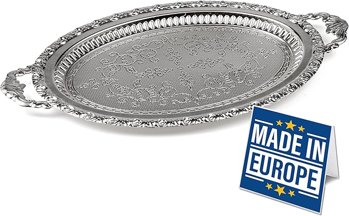 Crystalia Silver Metal Ottoman Coffee Tea Beverage Serving Tray, Large Fancy Decorative Ellipse Design, Vintage Cocktail Tray, Elegance Oval Serving Trays for Ottomans
