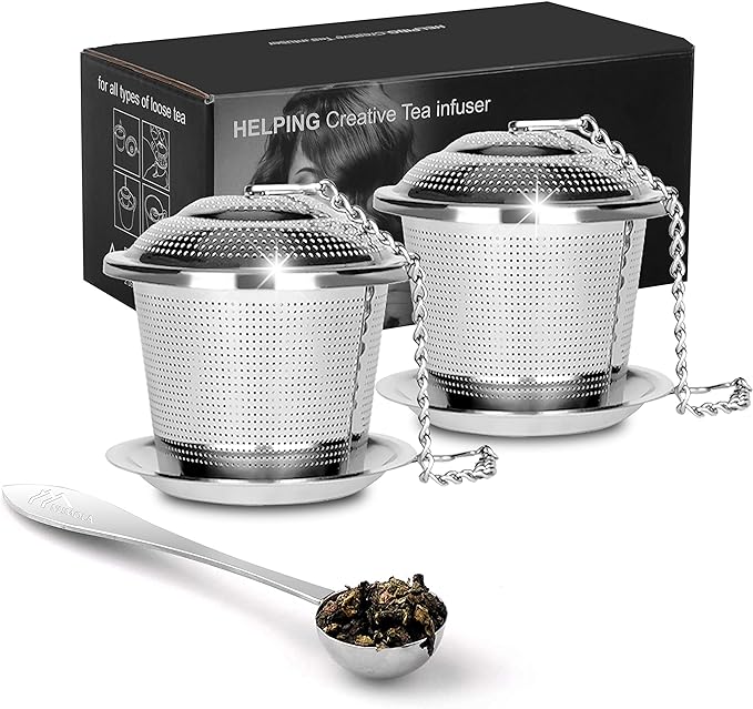 Numola Tea Infuser for Loose Tea, Loose Leaf Tea Infusers Set, Fine Mesh Tea Steeper with Spoon and Drip Trays, Tea Diffusers with Extented Chain Hook for Tea Lovers