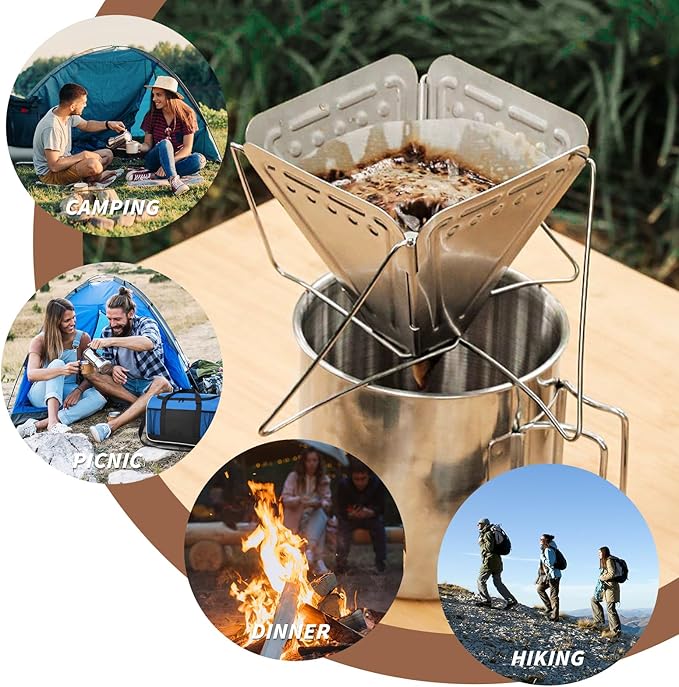 Pour Over Coffee Dripper, Folding Stainless Steel Coffee Drip Rack, Portable Pour Over for Office Home Travel Picnic Camping (2 cup)