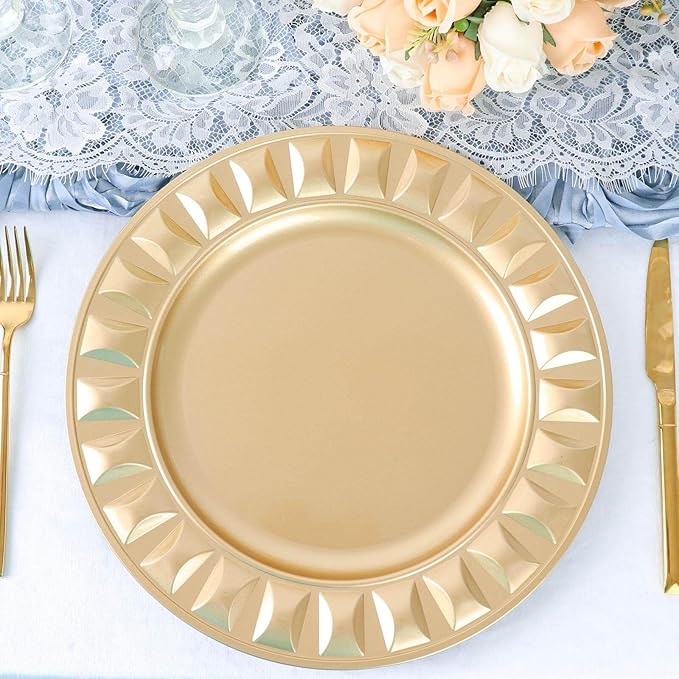 Efavormart 6 Pack | 13" Gold Round Bejeweled Rim Plastic Dinner Serving Trays, Disposable Charger Plates